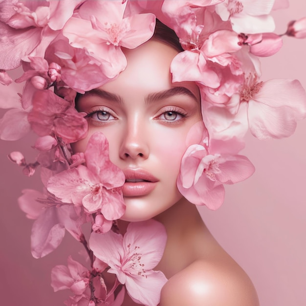 Photo portrait of a woman with delicate pink flowers surrounding her face