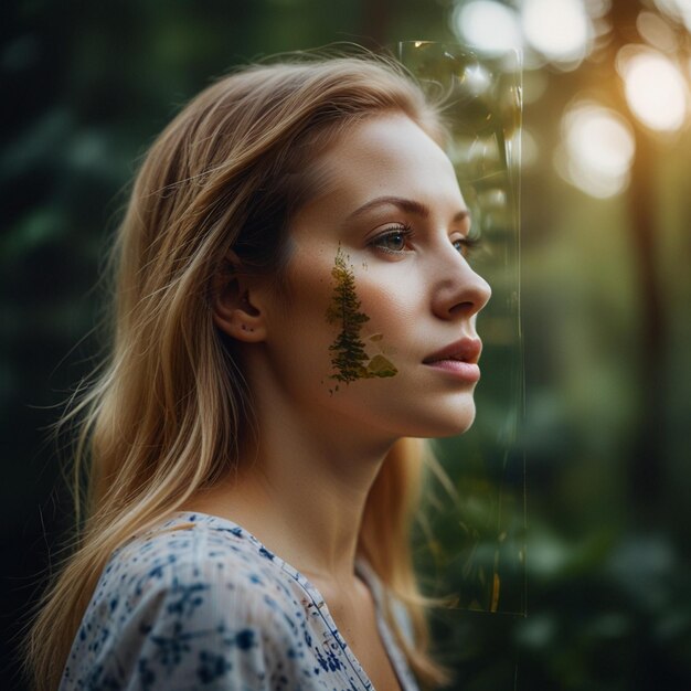 Portrait of a woman with a double exposure the woman and the blurred nature of the photo is not