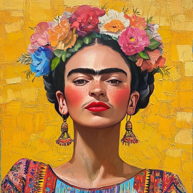 Portrait of a woman with floral headdress and vibrant attire