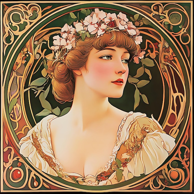 Portrait of a Woman with Flowers in Art Nouveau Style