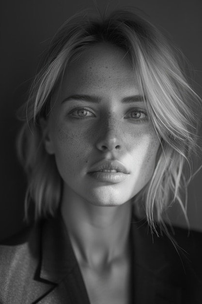 Photo portrait of a woman with freckles in a black and white photo