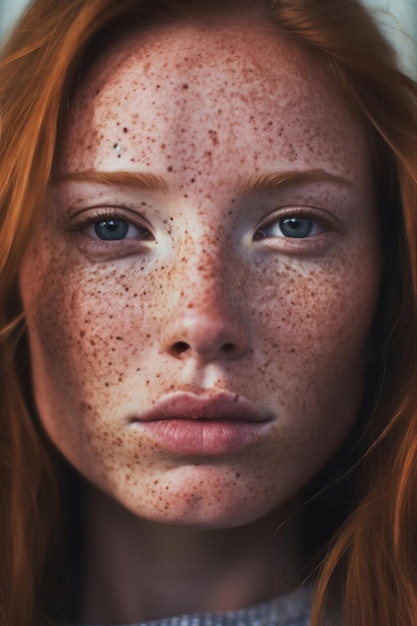 A portrait of a woman with freckles and a blue eye