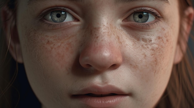 A portrait of a woman with freckles and blue eyes