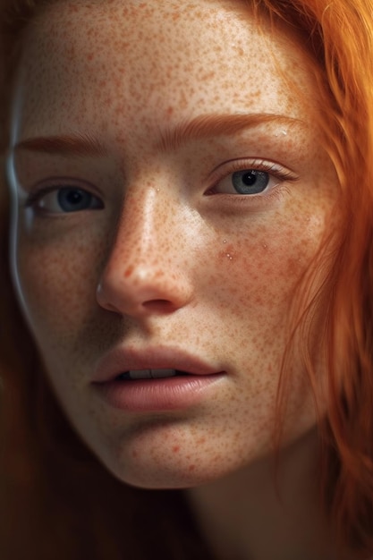 A portrait of a woman with freckles and red hair