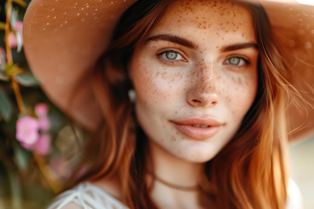 Portrait of a woman with freckles wearing a hat