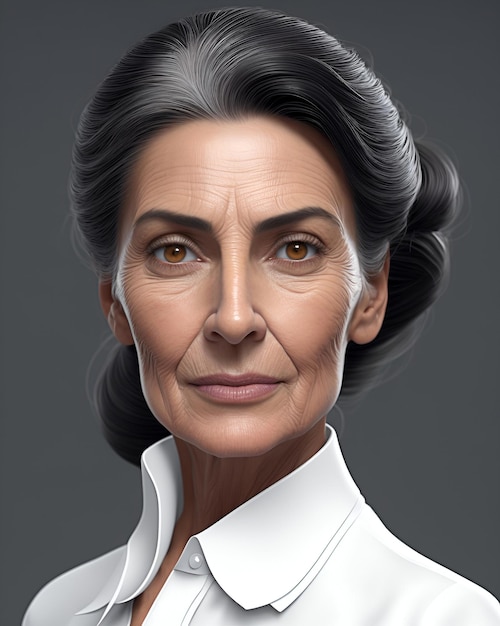 A portrait of a woman with gray hair and a white collar.