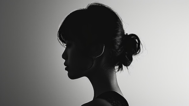 Portrait of a woman with hairstyle in a dark setting Soft lighting creates a contrast between the shadow and shine of her hair and neck femininity capriciousness atmosphere mystery and grace