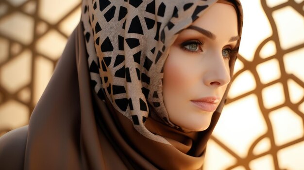 Portrait of a woman with a hijab against a geometric patterned background