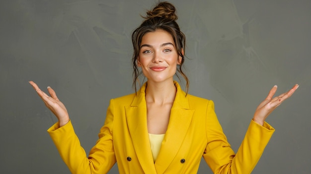 portrait woman with a light smile yellow suit stands facing hands holding palms up to the sides