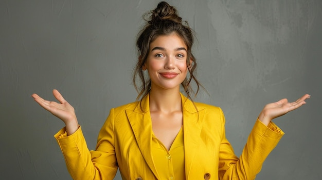 portrait woman with a light smile yellow suit stands facing hands holding palms up to the sides