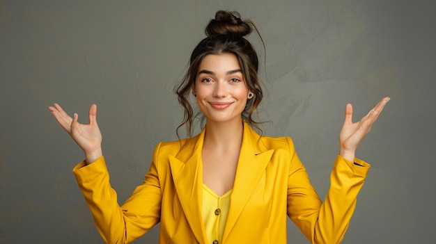 portrait woman with a light smile yellow suit stands facing hands holding palms up to the sides