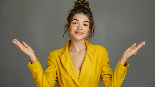 portrait woman with a light smile yellow suit stands facing hands holding palms up to the sides