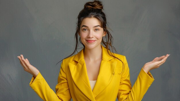 portrait woman with a light smile yellow suit stands facing hands holding palms up to the sides