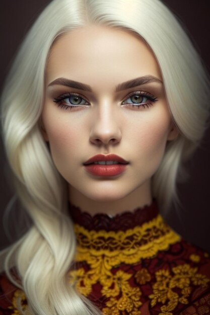 A portrait of a woman with long blonde hair and a red lip