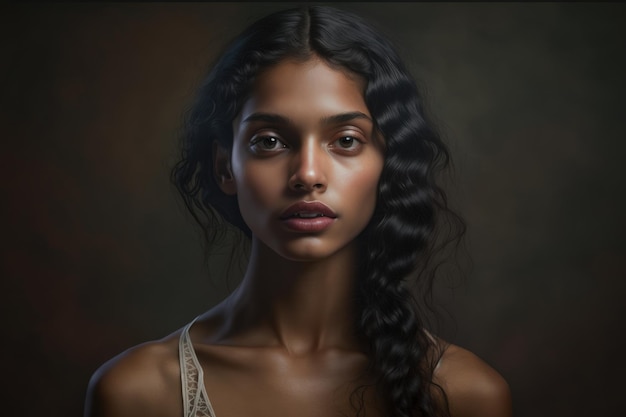 A portrait of a woman with long curly hair