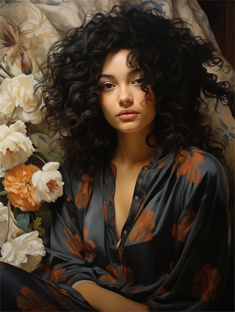 A portrait of a woman with long curly hair.