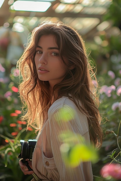 Portrait of a Woman with Long Hair in a Garden