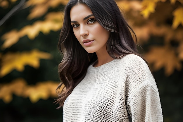 Portrait of a woman with long hair in a warm sweater in the park of autumn yellow leaves