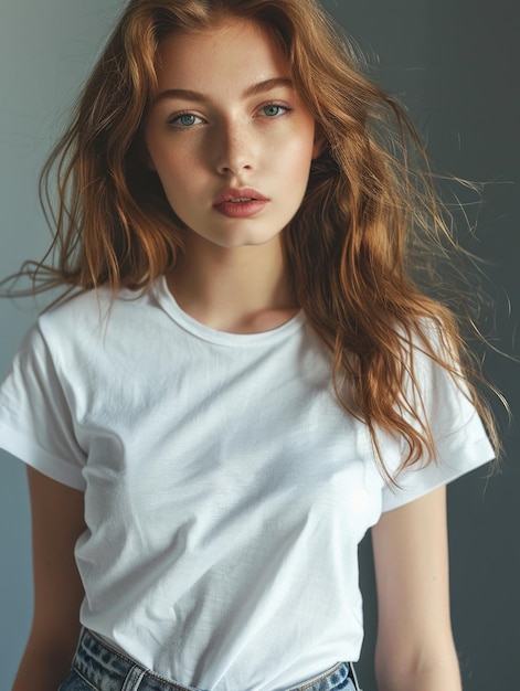 A portrait of a woman with long red hair wearing a white shirt suitable for use in editorial or commercial contexts