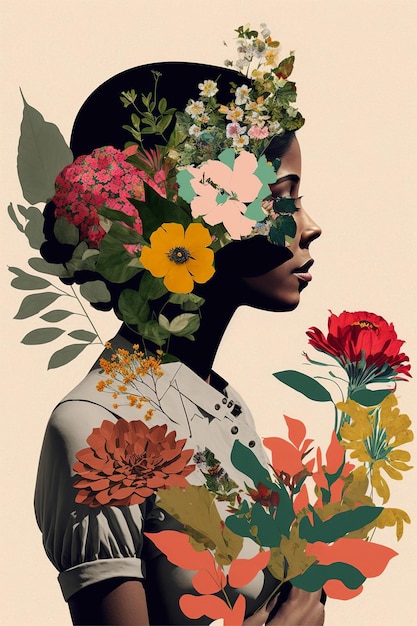 Portrait of a woman with lots of flowers Abstract trendy art paper collage design Generative ai