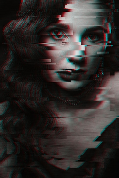 Portrait of a woman with makeup and hairstyle in classic vintage Hollywood style Black and white with 3D glitch virtual reality effect