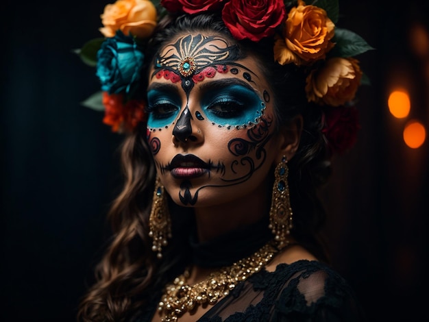 Portrait of a woman with makeup on Halloween on a dark background