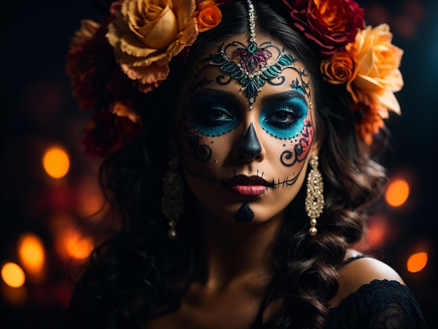 Portrait of a woman with makeup on Halloween on a dark background