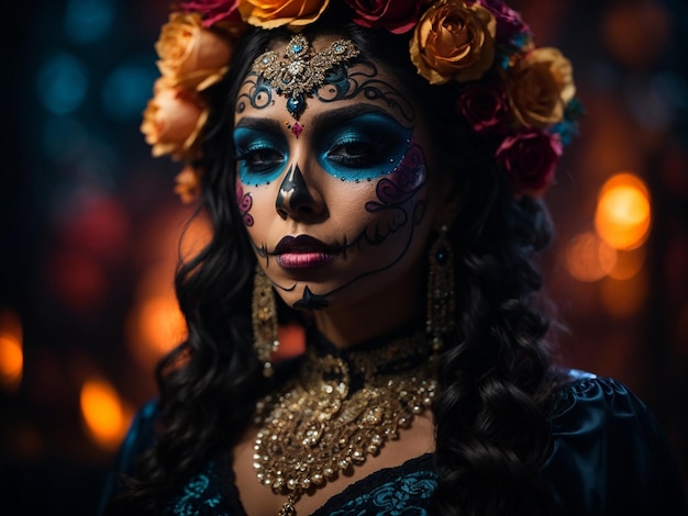 Portrait of a woman with makeup on Halloween on a dark background