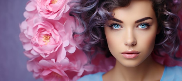 Portrait woman with pink flowers in her hair and professional makeup