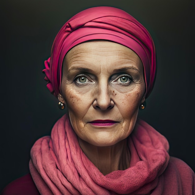 Portrait of a woman with a pink scarf on her head Woman with cancer claiming the world day against cancer