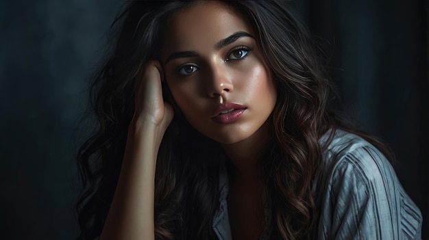 Portrait of Woman with Pretty Hair Posing with Hand on Head