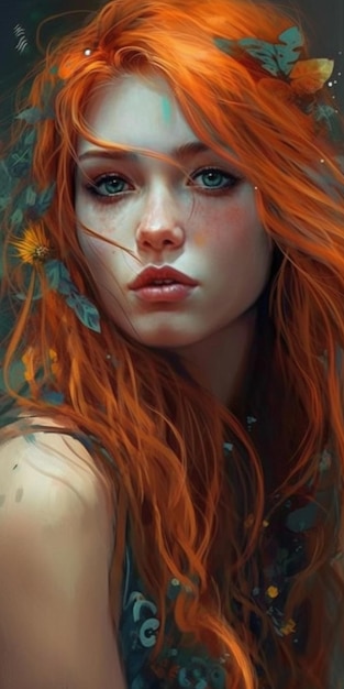 A portrait of a woman with red hair and blue eyes.