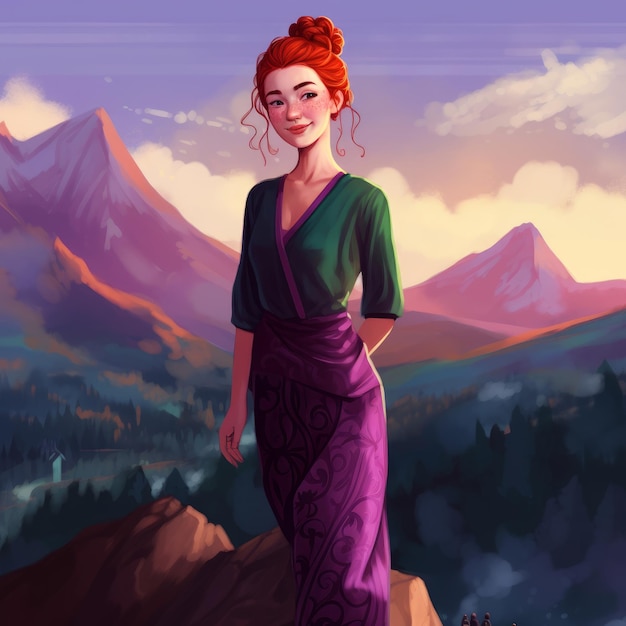 A portrait of a woman with red hair and a purple dress