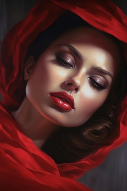 A portrait of a woman with red makeup and red hood.