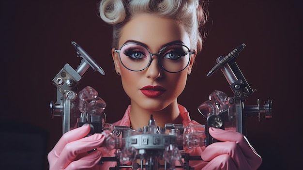 portrait of woman with retro machine and glasses