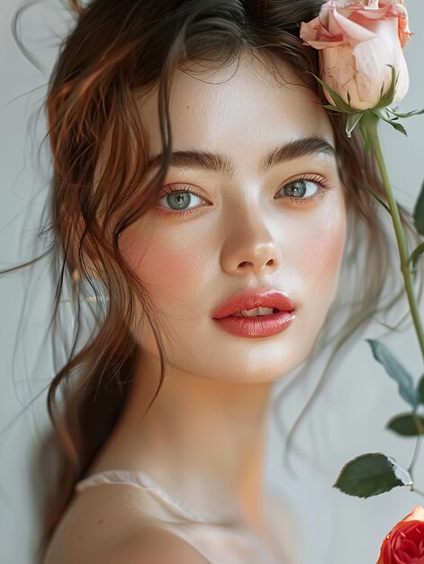 Portrait of Woman with Rose Highlighting Natural Beauty