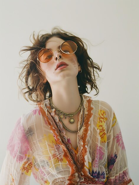 Photo portrait of a woman with round sunglasses and a floral shirt