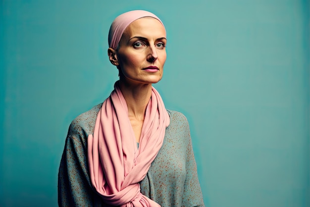 Portrait of a woman with shaved hair due to cancer isolated on a studio background Ai genereated