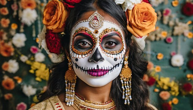 Portrait of a woman with sugar skull makeup over background halloween