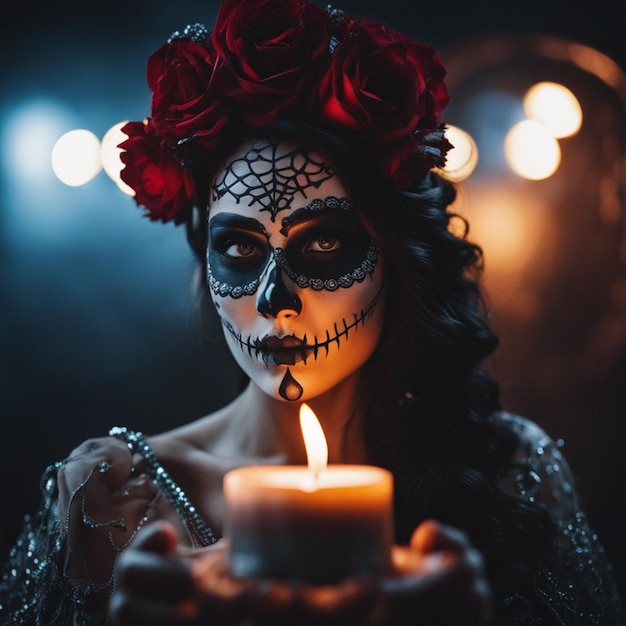 Portrait of a woman with sugar skull makeup over a dark background dead oftheday costume wallpaper