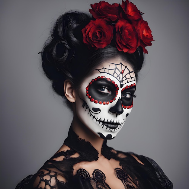 portrait of a woman with sugar skull makeup over dark background halloween costume and makeup portra