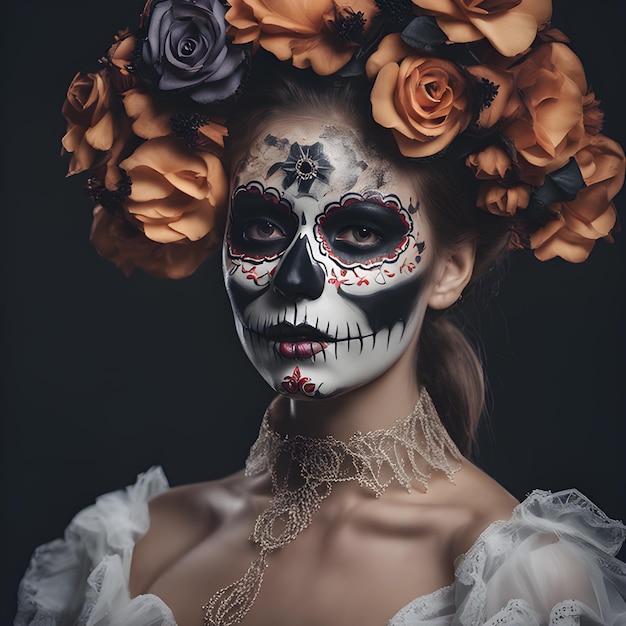 portrait of a woman with sugar skull makeup over dark background halloween costume and makeup portra