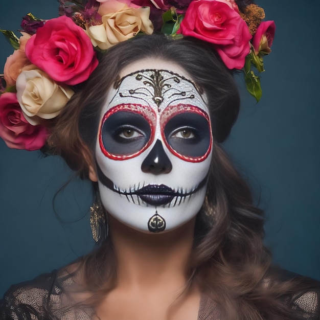 Portrait of a woman with sugar skull makeup over dark background Halloween costume and portrait