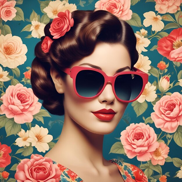 Portrait of a woman with sunglasses with floral background