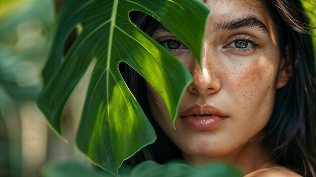 Photo portrait of woman with a tropical leaf