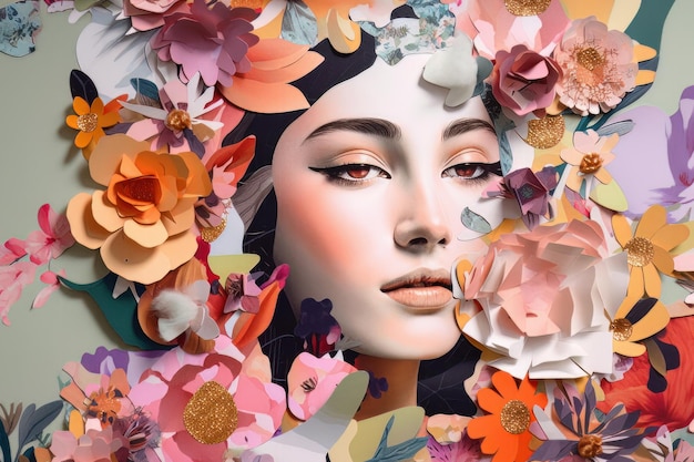 Portrait of a woman with a wreath of flowers created with Generative AI technology