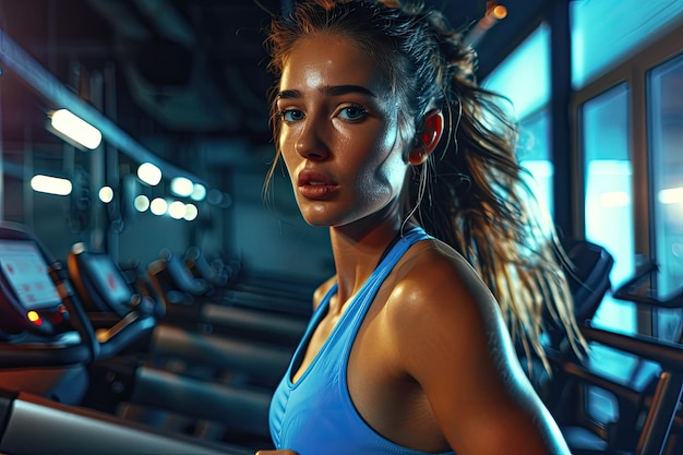 Portrait of Woman Working Out at Gym Running on Treadmill