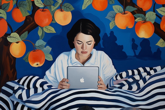 Portrait of woman working on tablet in bed