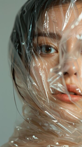 Photo portrait of a woman wrapped in transparent plastic