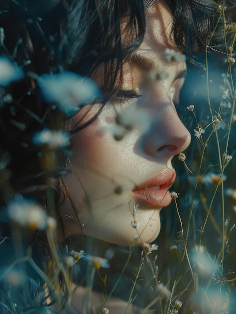 A portrait of a woman39s face surrounded by a field of colorful flowers